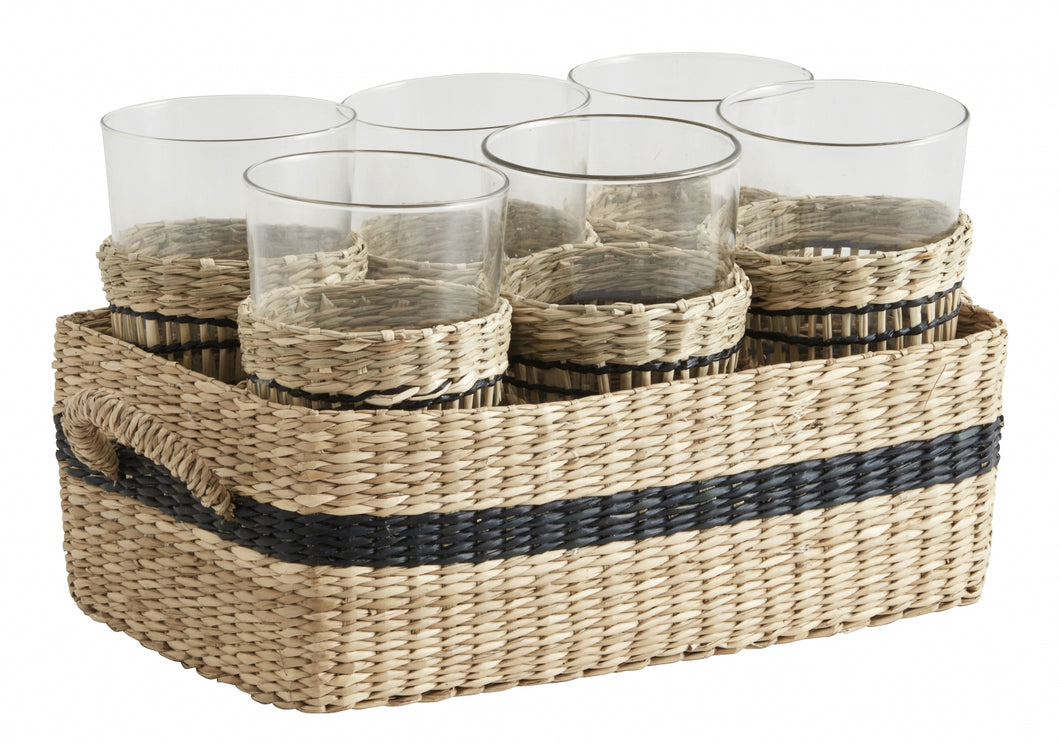 Set of 6 Glasses with Seagrass Holder