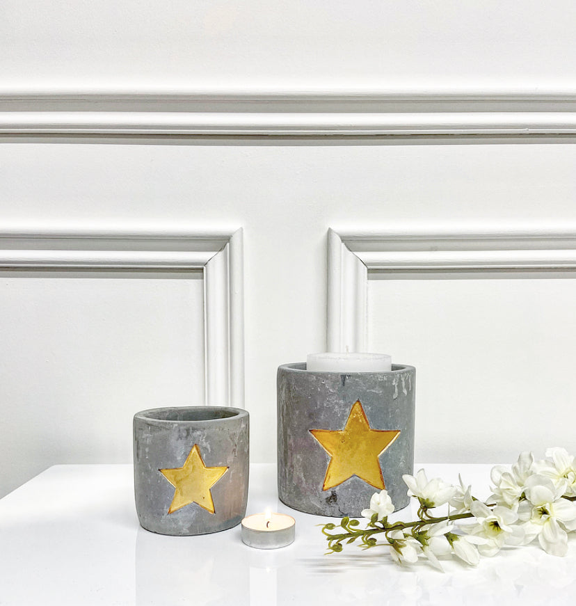 Set of Cement Tea Light Candle Pots with Gold Star Detail