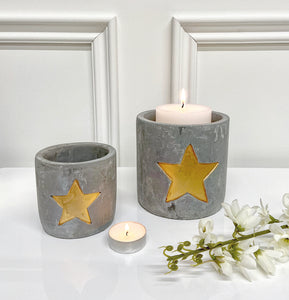 Set of Cement Tea Light Candle Pots with Gold Star Detail