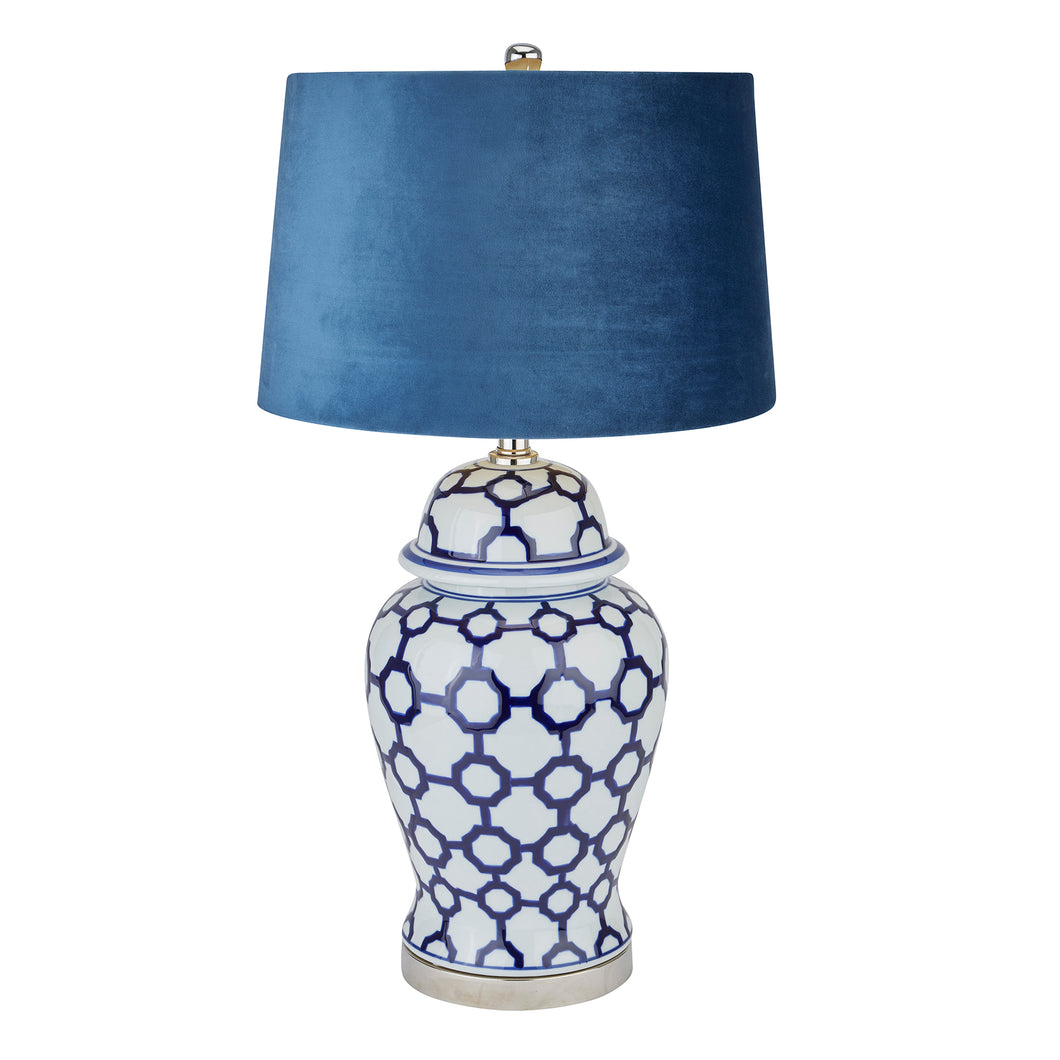 Acanthus Blue And White Ceramic Lamp | Velvet Blue Shade