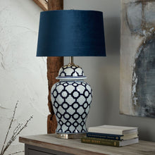 Load image into Gallery viewer, Acanthus Blue And White Ceramic Lamp | Velvet Blue Shade
