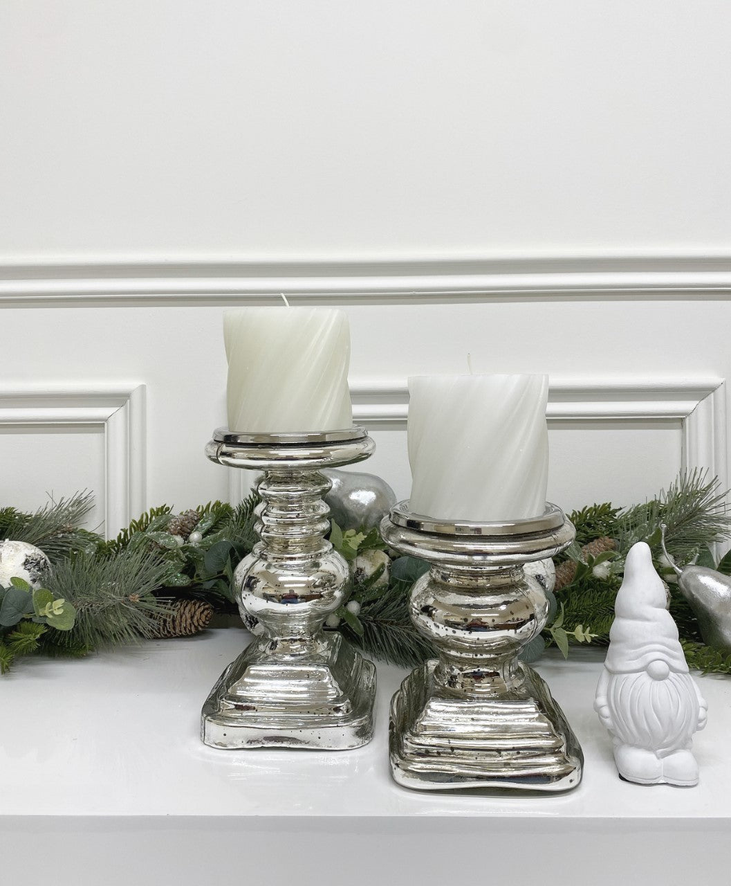 Glass Pillar Candle Holders | Antique Silver